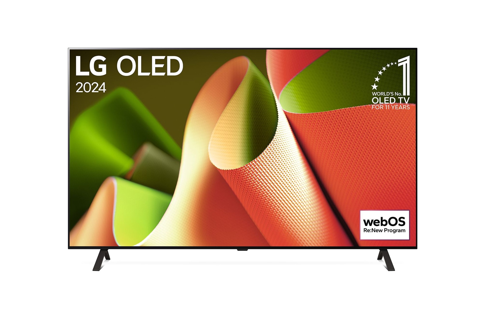 Frontansicht des LG OLED TV B4, 11 Jahre Nummer 1 Logo und webOS Re:New Programm-Logo auf dem Bildschirm mit 2-poligem Standfuß 		