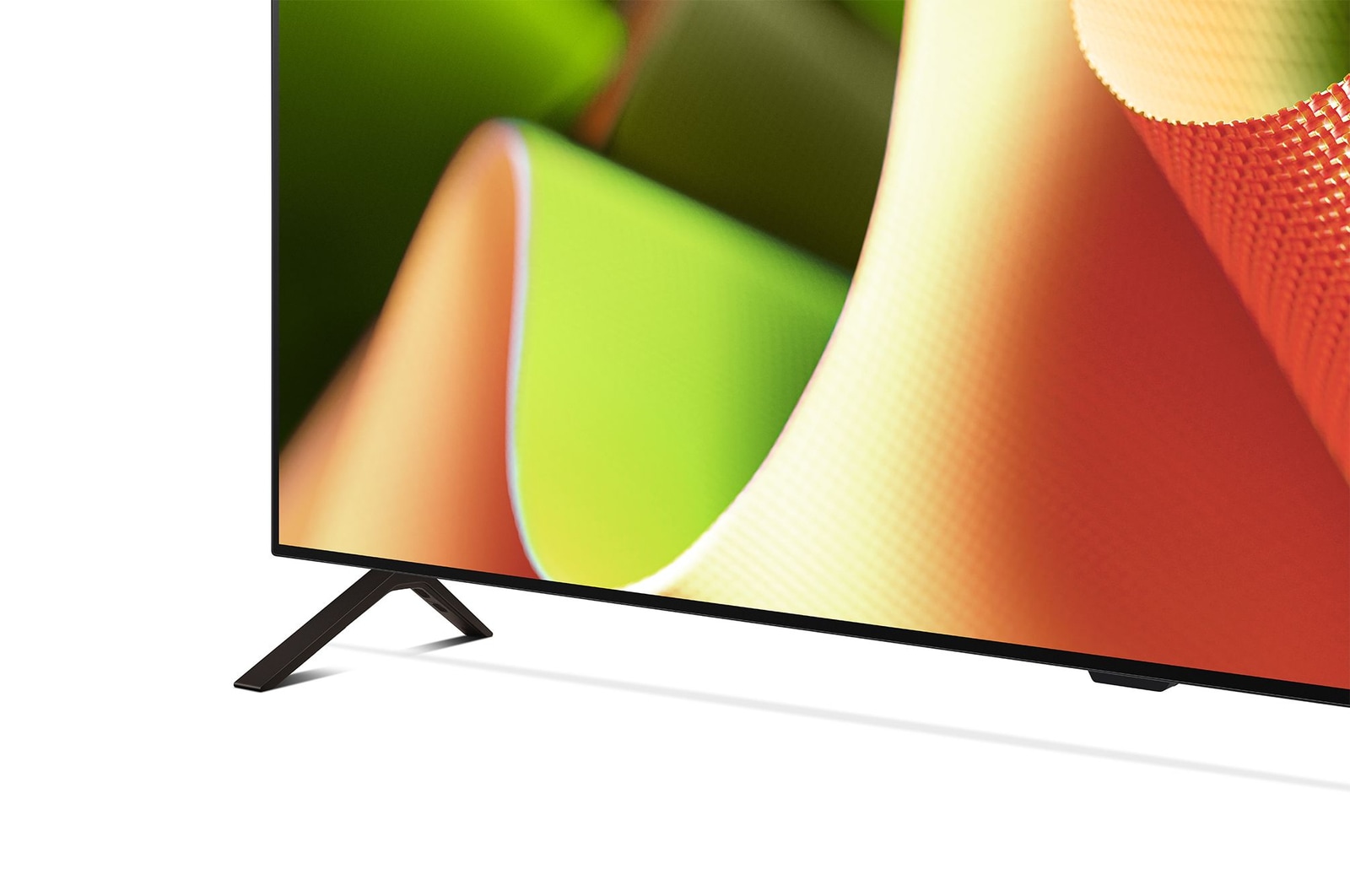 Nahaufnahme des LG OLED TV B4 vom Sockel aus, mit 2-poligem Standfuß