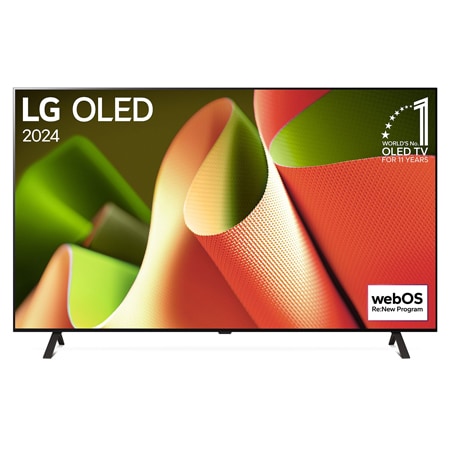 Frontansicht des LG OLED TV B4, 11 Jahre Nummer 1 Logo und webOS Re:New Programm-Logo auf dem Bildschirm mit 2-poligem Standfuß 		