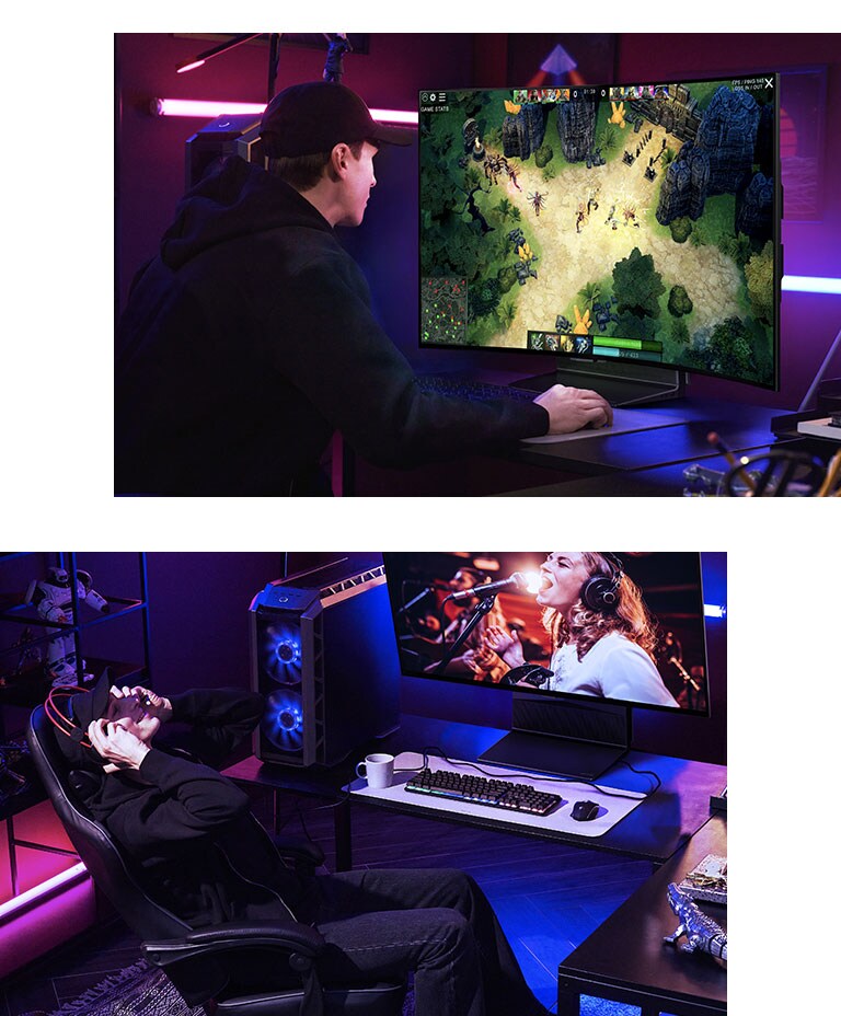 Ein Bild eines Mannes, der sich nach vorne lehnt und sich auf das Spiel konzentriert, wobei sich der Bildschirm in einer aufrechten Position befindet. Ein Bild eines Mannes, der sich zurücklehnt und sich ein Musikvideo ansieht, wobei der Bildschirm zu ihm geneigt ist. 
