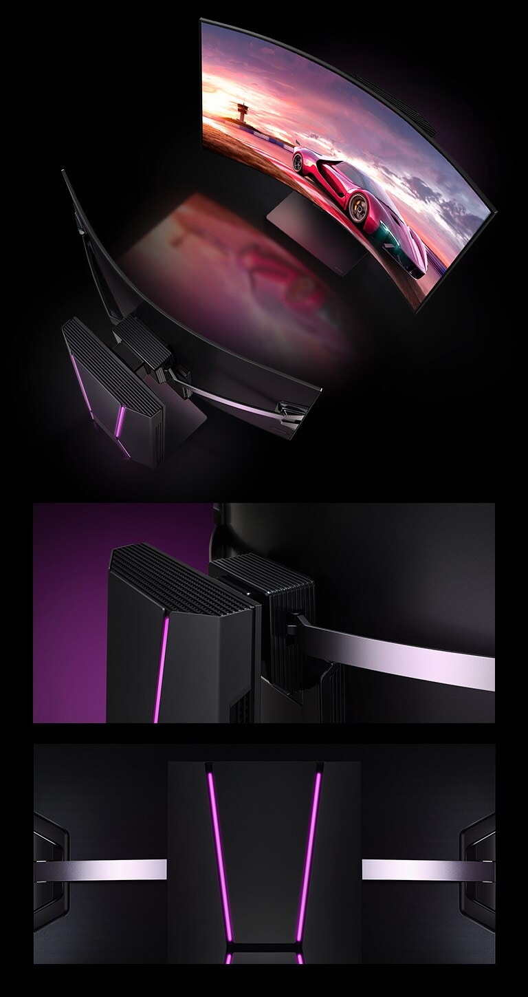 Drei Bilder vom LG OLED evo Flex. Zuerst sieht man von oben zwei Fernseher, die sich gegenüberstehen. Danach eine Nahaufnahme des Shield Design von schräg oben gesehen. Zuletzt eine Nahaufnahme des Shield Design von vorne.