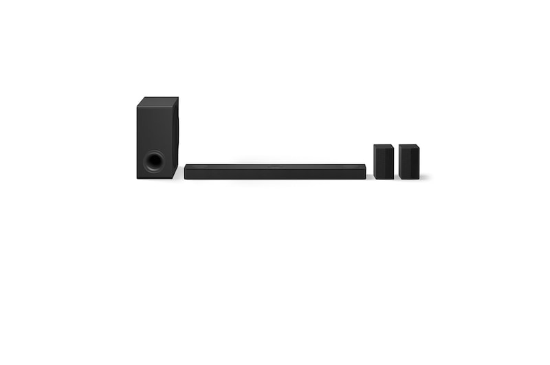 Frontansicht der LG Soundbar DS80TR, Subwoofer und hintere Lautsprecher