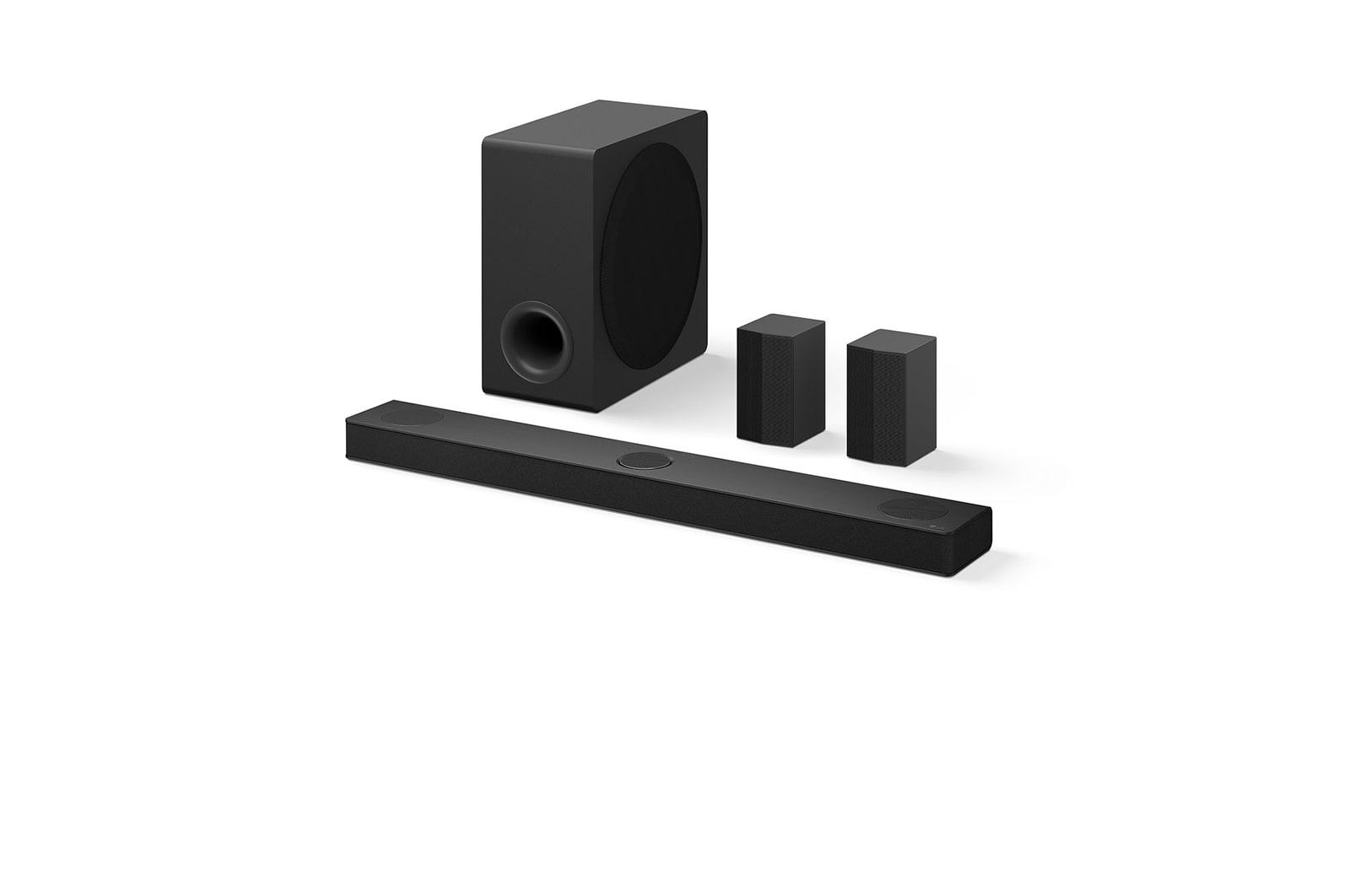 Schrägansicht der LG Soundbar DS80TR, Subwoofer und hintere Lautsprecher