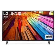 Vorderansicht des LG UHD TV, UT80 mit Text von LG UHD AI ThinQ und 2024 auf dem Bildschirm