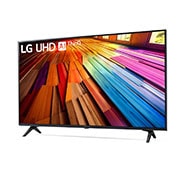 Leicht geneigte, nach links gerichtete Seitenansicht ansicht des LG UHD TV, UT80