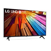  Leicht geneigte, nach rechts gerichtete Seitenansicht des LG UHD-Fernsehers UT80