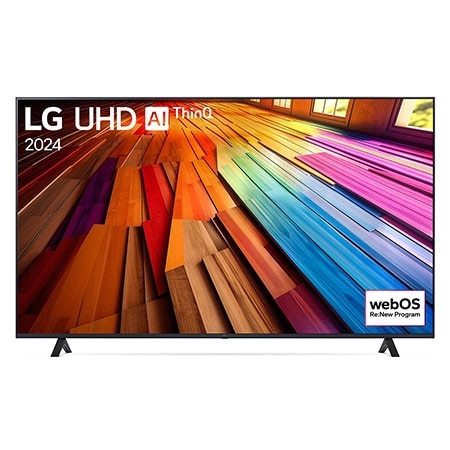 Vorderansicht des LG UHD TV, UT80 mit Text von LG UHD AI ThinQ und 2024 auf dem Bildschirm