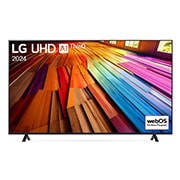 Vorderansicht des LG UHD TV, UT80 mit Text von LG UHD AI ThinQ und 2024 auf dem Bildschirm