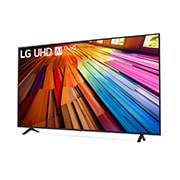 Leicht geneigte, nach links gerichtete Seitenansicht ansicht des LG UHD TV, UT80