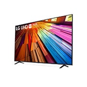 Leicht geneigte, nach links gerichtete Seitenansicht ansicht des LG UHD TV, UT80