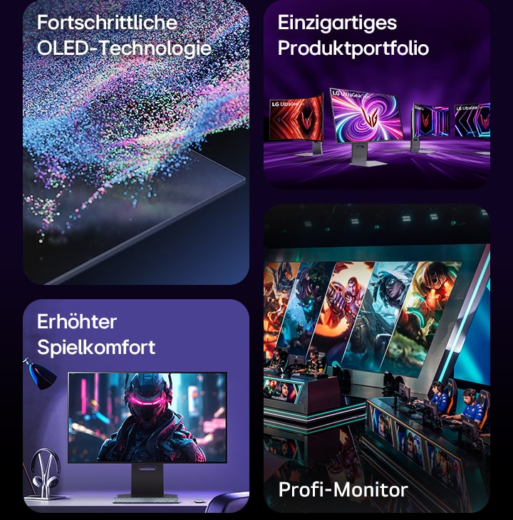 An image showcasing key features of LG OLED gaming monitor - Advanced OLED technology, Unrivaled product portfolio, Enhanced gaming comfort, Professional-grade monitor.