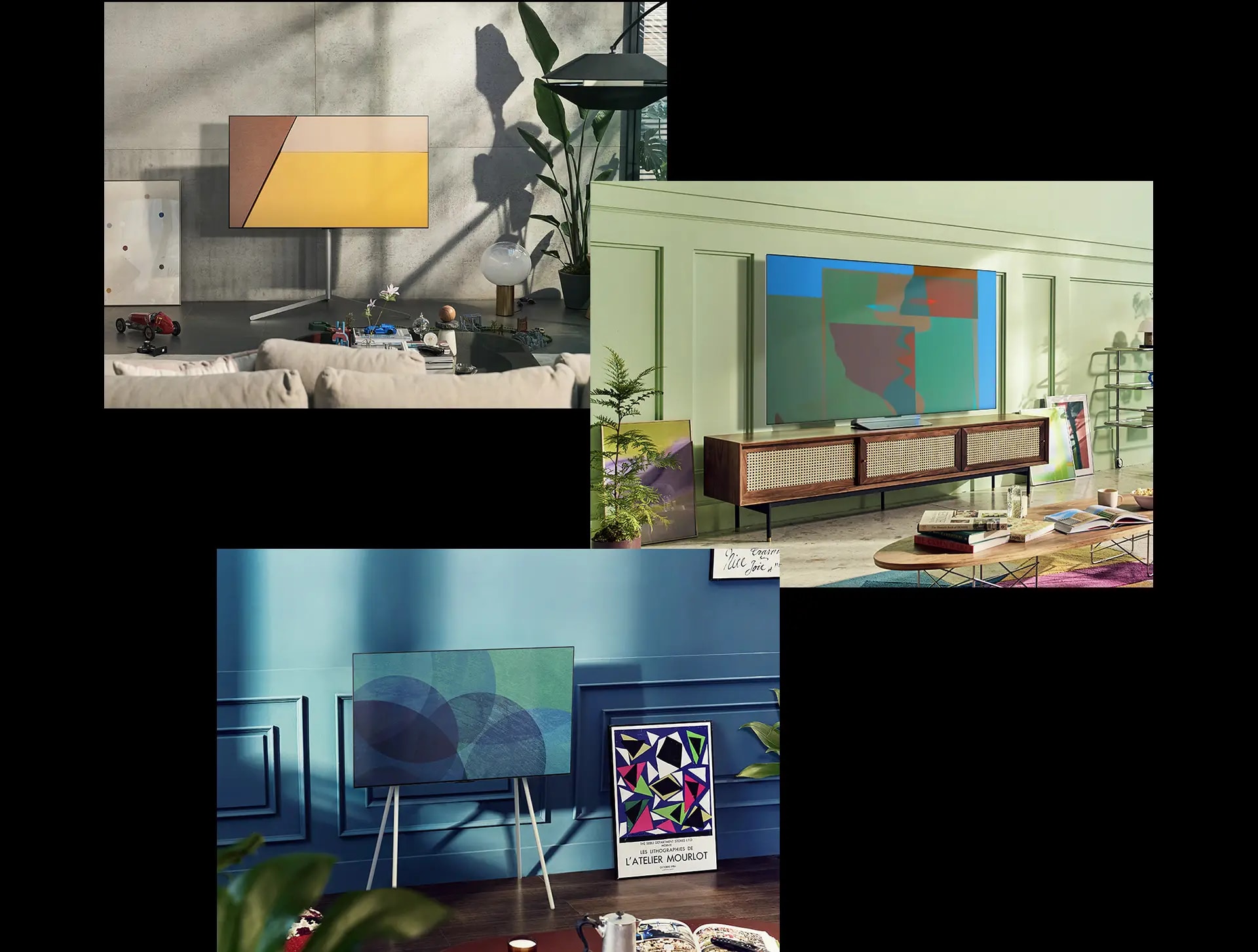 A wall-mounted LG OLED television in a living room with white brick walls and a plant, Ein LG OLED TV mit schwenkbarem Standfuß steht in einem Raum., Ein LG OLED TV mit Gallery-Standfuß steht in einem modern und minimalistisch eingerichteten Raum.