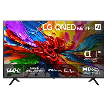 Visning forfra af LG 55" QNED evo MiniLED AI QNED92 4K Smart TV 2025 55QNED92A6A