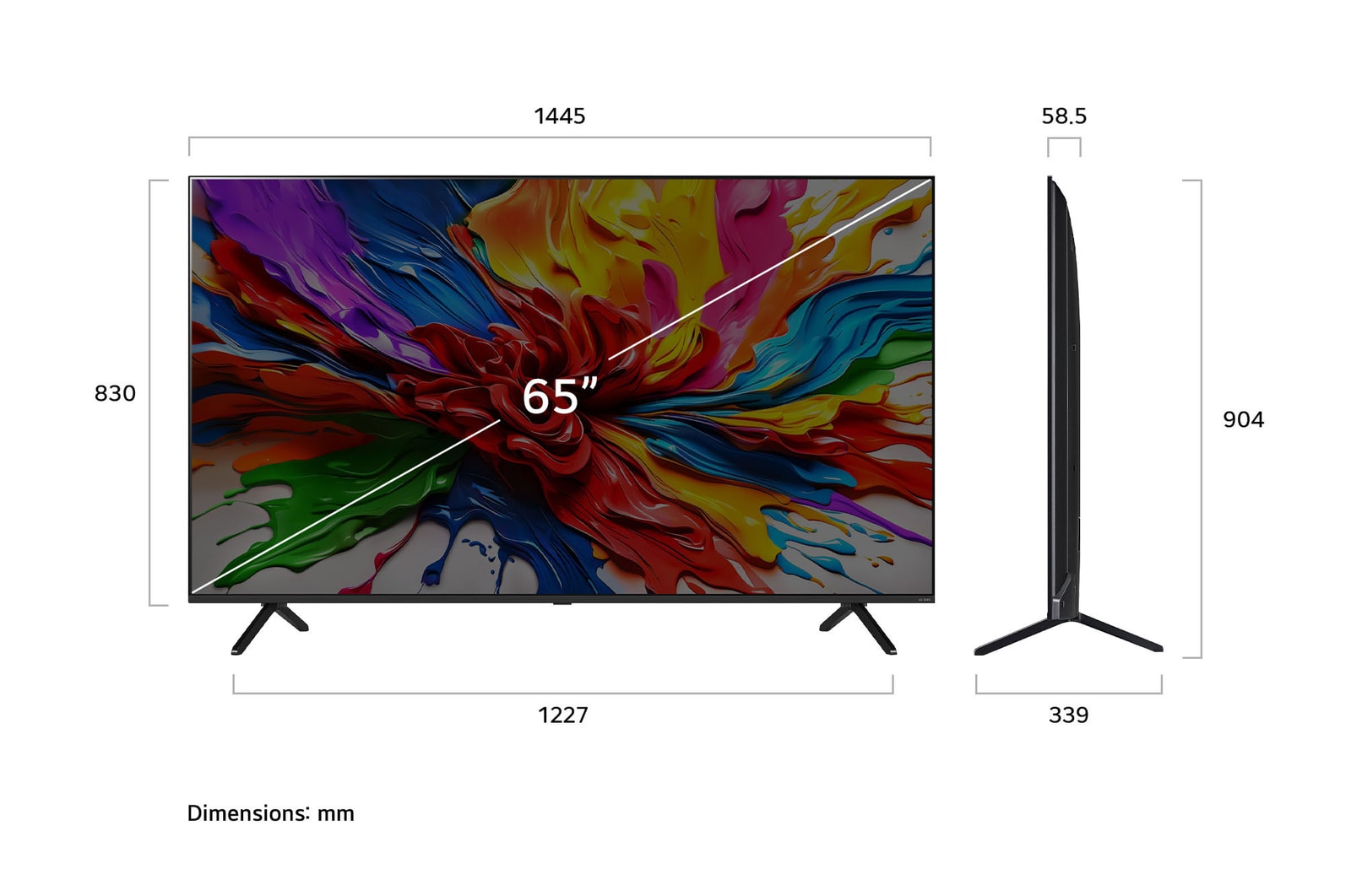 Visning forfra og fra siden af LG QNED evo AI QNED92 4K Smart TV, hvor dets mål for længde, bredde, højde og dybde ses.