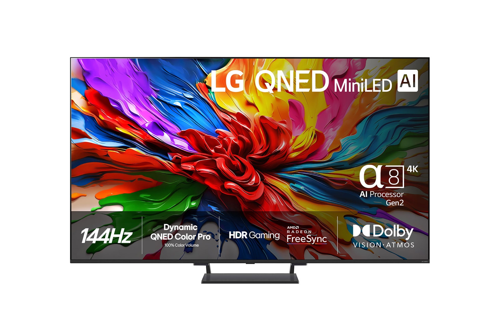 Visning forfra af LG 85" QNED MiniLED AI QNED93 4K Smart TV 2025 85QNED93A6A