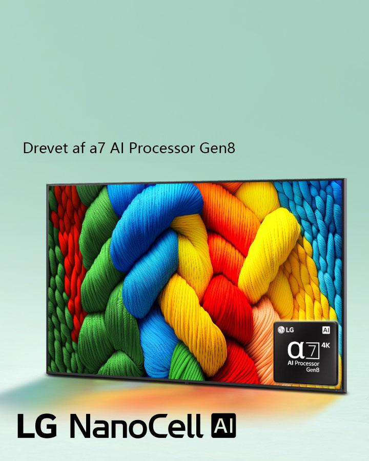 Let vinklet LG NanoCell TV vendt mod venstre viser farverige tråde. Alpha 7 4K AI Processor-logo, som er indlejret i nederste højre hjørne på fjernsynet. Baggrunden er en lys blågrøn gradient.
