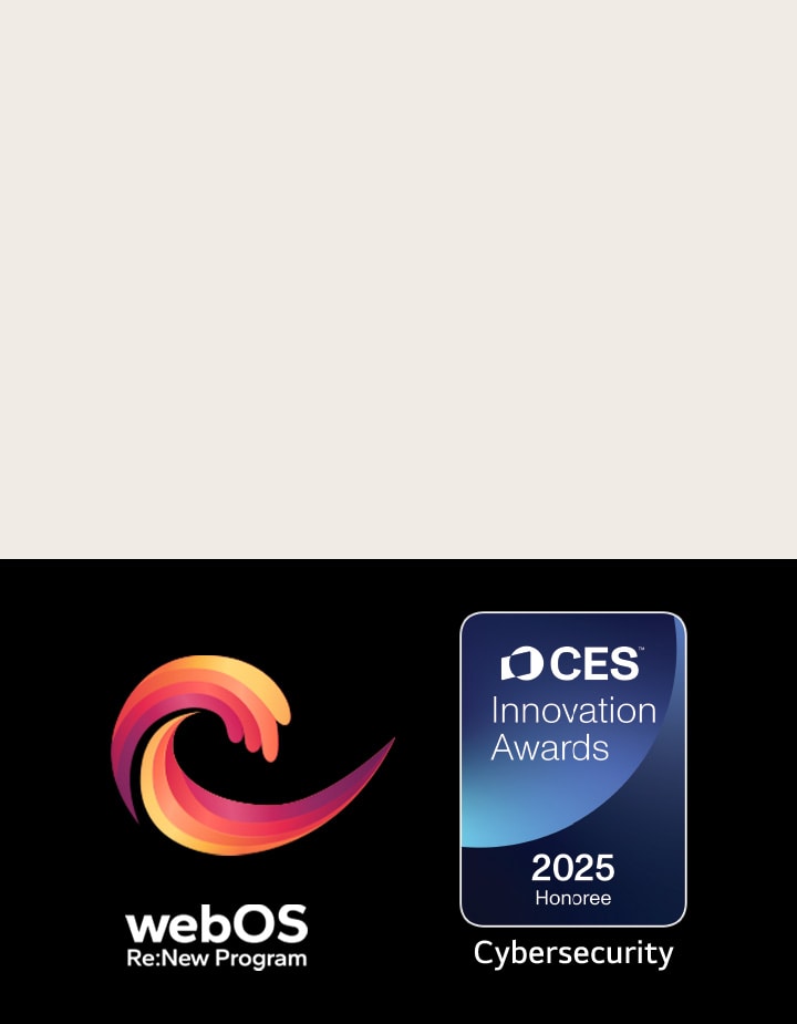 Logo for webOS Re:New Program og navn med CES Innovation Awards 2025 Honoree-emblem tæt på.