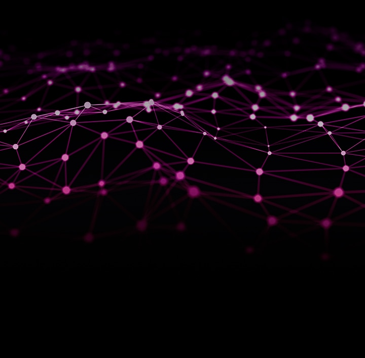 Tekst mod en futuristisk, abstrakt baggrund med linjer og punkter, der antyder de millioner af datapunkter, som LG AI blev trænet på.