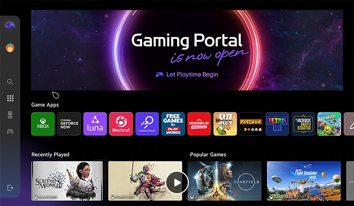 Startskærm for Gaming Portal. En markør bevæger sig og klikker for at vise mange populære spiltitler og den tilføjede funktion, som gør det muligt at vælge spil, afhængigt af, om du styrer dem med en kontrolenhed eller din fjernbetjening.