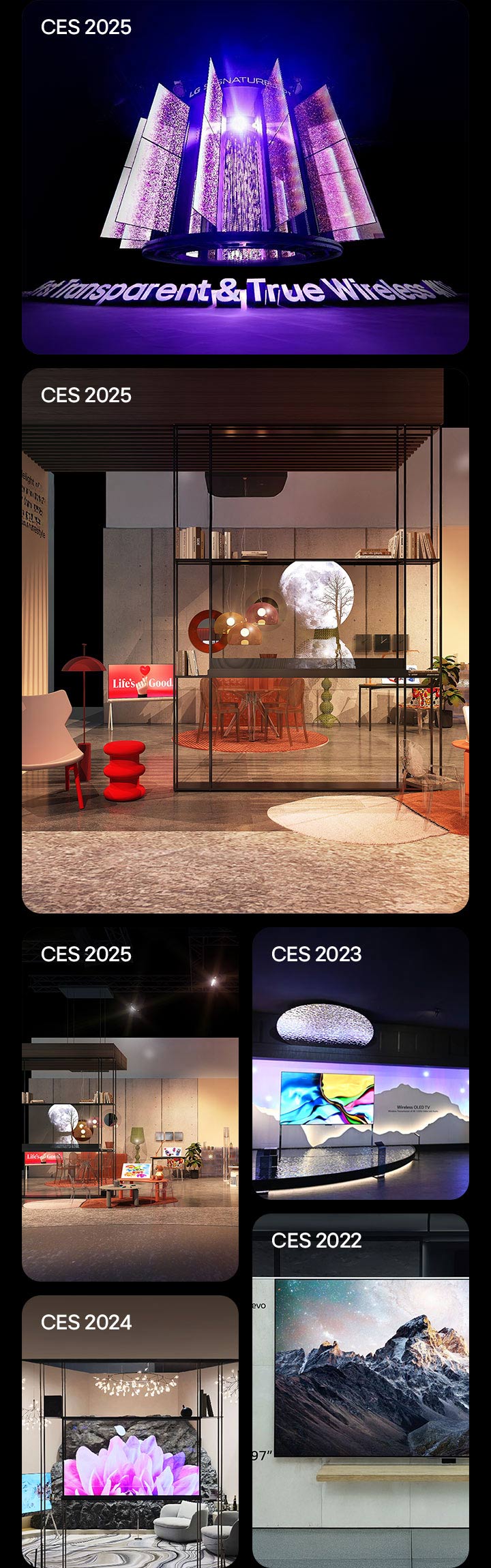 Forskellige LG OLED-udstillinger og installationer hos CES er omtalt. Dette dækker CES 2022, CES 2023, CES 2024 og CES 2025.