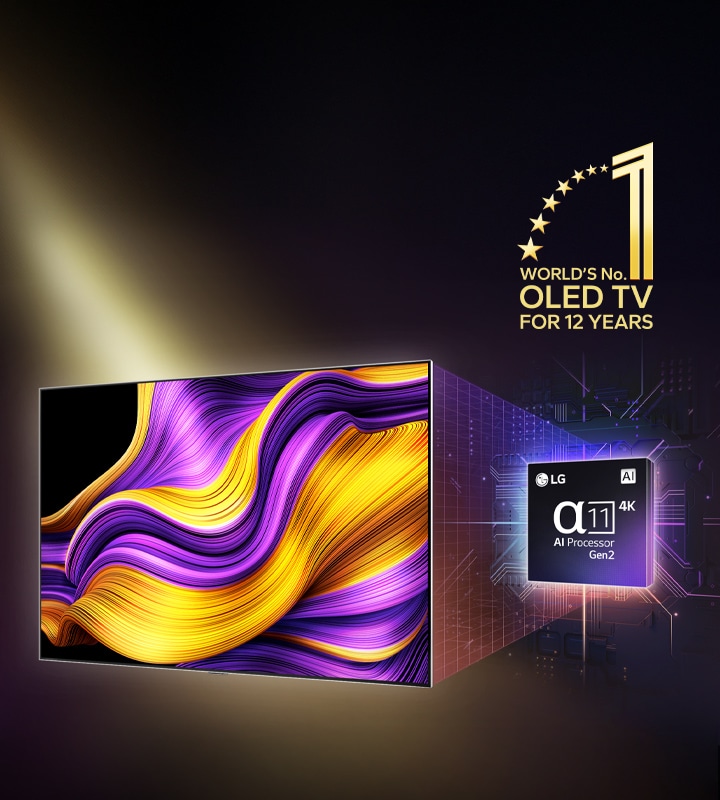 LG OLED TV med et farvestrålende abstrakt kunstværk på skærmen og alpha 11 AI Processor Gen2 fremhævet bag det. Skarpe lys bryder frem fra processoren og TV’et, hvilket viser dets avancerede teknologi. Emblemet “Verdens førende OLED TV i 12 år” kan også ses.
