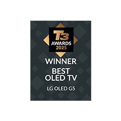 Logo for T3 Awards 2025 med teksten “VINDER AF BEDSTE OLED TV, LG OLED G5”.