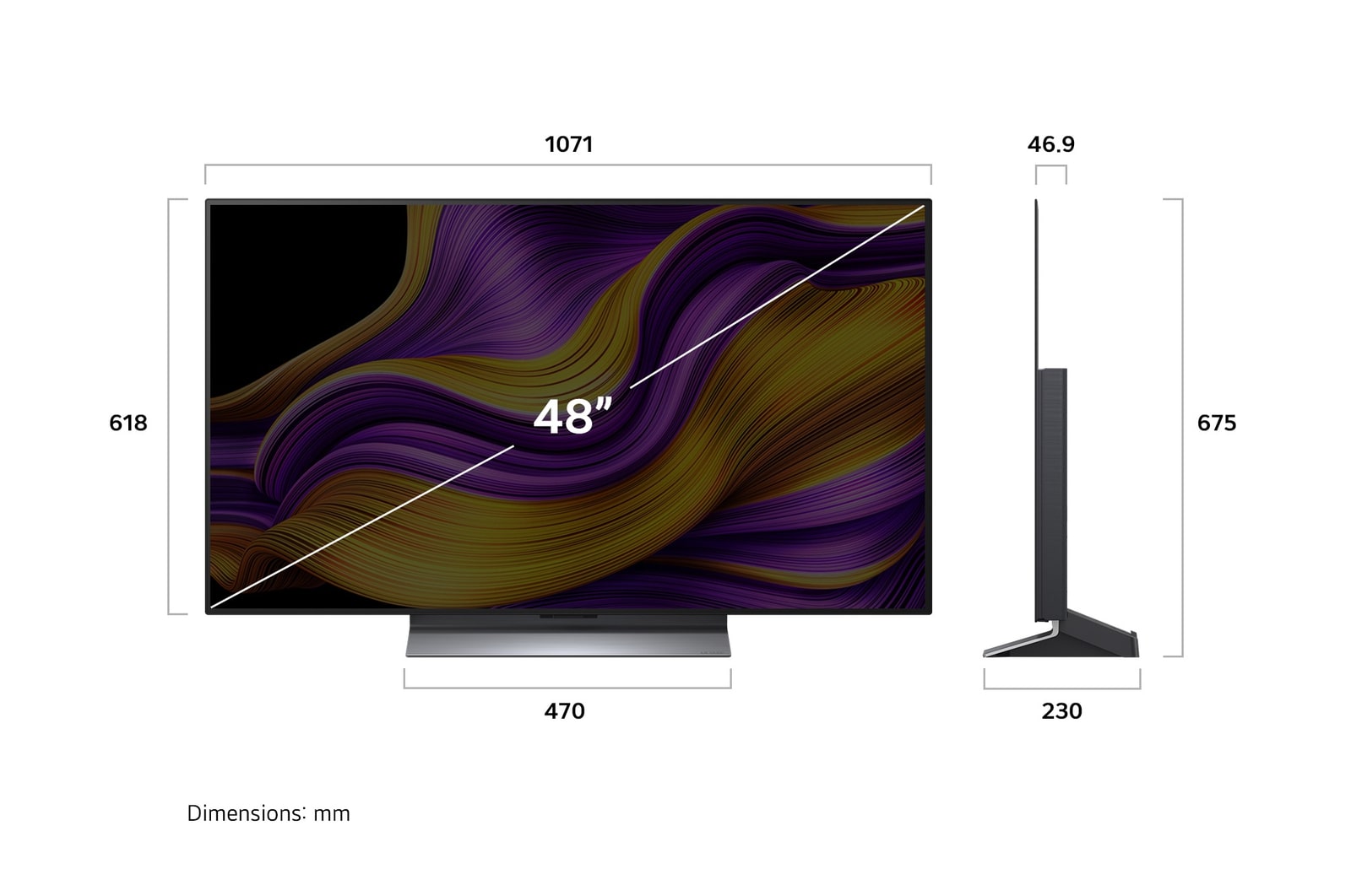 Visning forfra og fra siden af LG OLED evo AI G5 4K Smart TV, hvor ses dets mål for længde, bredde, højde og dybde.