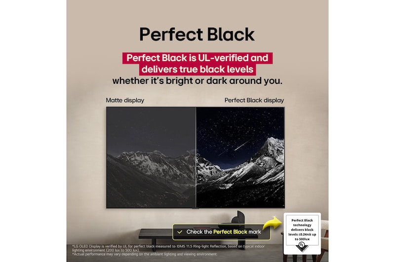 Stue med et vægmonteret LG OLED TV. På TV'et ses en bjergkæde mod en mørk nattehimmel fyldt med stjerner. Denne scene er opdelt i to for at vise, hvordan Perfekt sort leverer ægte sorte niveauer, uanset om der er lyst eller mørkt omkring dig. Den ene side viser en mere mat og grå version af landskabet, som er mærket “Ikke Perfekt sort skærm”. På den anden side ses et bedre billede med større dynamisk område for sort og hvid. Dette er mærket “Perfekt sort skærm”. Logo-certificering er også synlig, perfekt sort teknologi leverer sorte niveauer under eller lig med 0,24 nit op til 500 lux. En tekstboble ved siden af siger, kontroller certificeringsmærket for Perfekt sort.