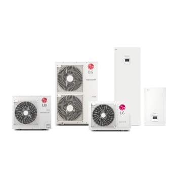 To indendørsenheder og tre udendørsenheder af LG Therma V Split vises.