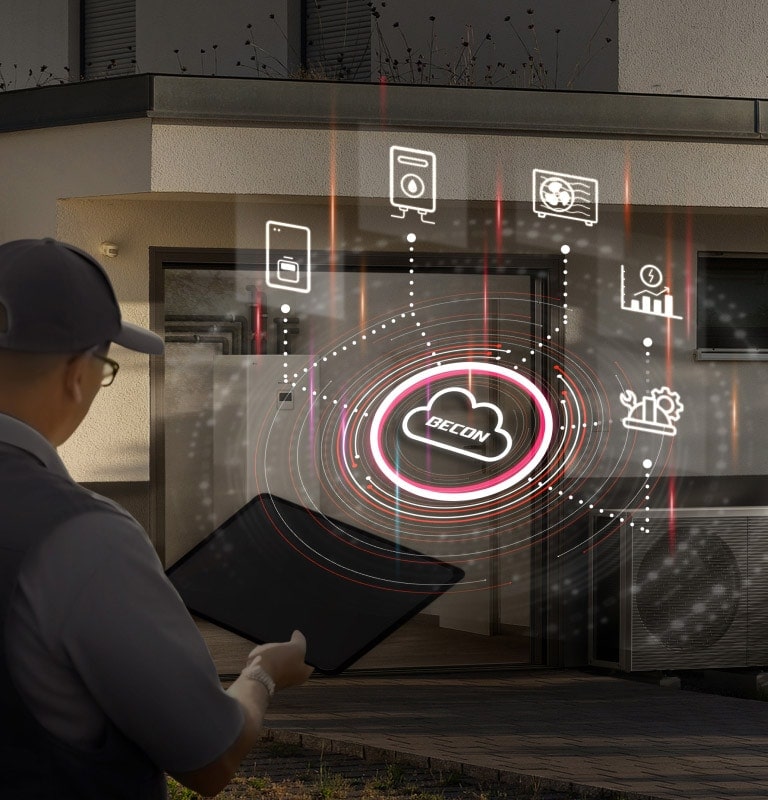 En smartphone viser LG ThinQ-appen til venstre, forbundet med en LG monobloc og et Wi-Fi-modem til højre via en stiplet linje.