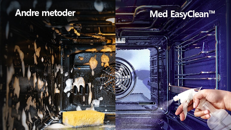 Et delt billede, hvor venstre billede viser indersiden den boblende ovn, og det højre billede viser dampen, der kommer ud fra ovnens inderside.