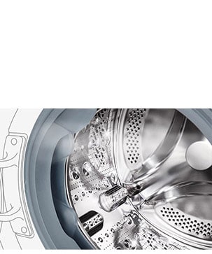 Billede af indersiden af vaskemaskinen, hvor man kan se tromlerne i rustfrit stål.