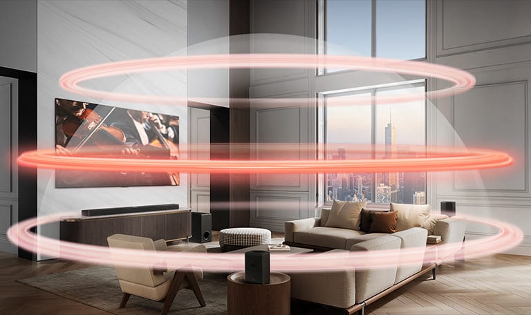 LG Soundbar og LG TV i en rumlig storbylejlighed. Tre røde bånd, der symboliserer virtuelle lag, fremkommer et af gangen og forenes for at skabe en hel lydkuppel.