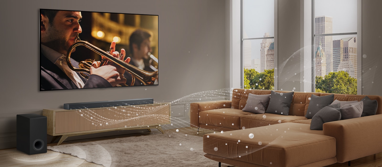 En LG Soundbar, et LG TV og en bashøjttaler i en moderne bylejlighed. LG Soundbaren udsender tre forgreninger af lydbølger, som er lavet af små, hvide dråber, der svæver langs gulvet. Ved siden af soundbaren står en bashøjttaler, der skaber en lydeffekt fra bunden.
