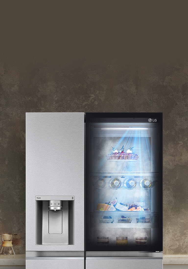 The front view of a black InstaView refrigerator with the light on inside. The contents of the refrigerator can be seen through the InstaView door. Blue rays of light shine down over the contents from the DoorCooling function.