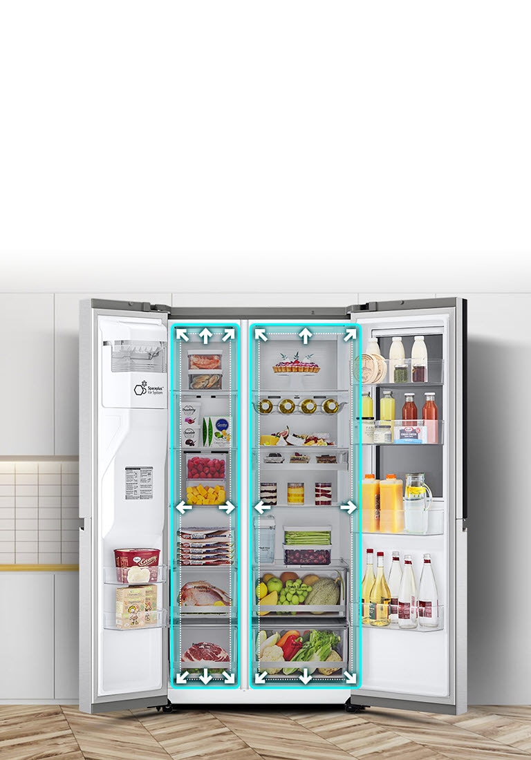 A video begins with the front view of the refrigerator with both doors wide open. The interior spaces are outlined in a neon lines and arrows begin to push the lines out to show that there is now more space inside. The neon square around the interior spaces flashes to show the difference between the new space and the old smaller space which is now outlined in a dotted white line.