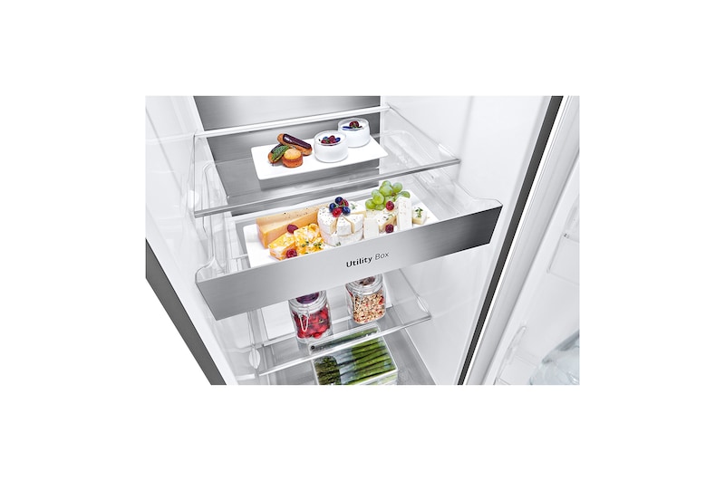 LG 386L Fritstående køleskab (Shiny Steel) - Energiklasse E, Door Cooling™, LINEARCooling™, FRESHBalancer™, Smart Diagnosis™ med Wi-Fi, GLE71PZCSZ