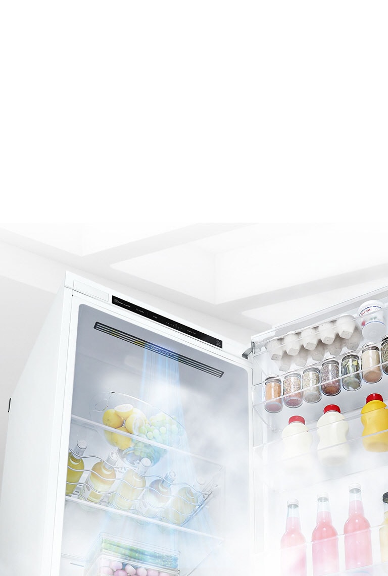 Køleskabet vises åbent i en vinkel og fyldt med råvarer. Hvid luft blæser fra toppen af interiøret og ned omkring hele maden for at holde den kølig.