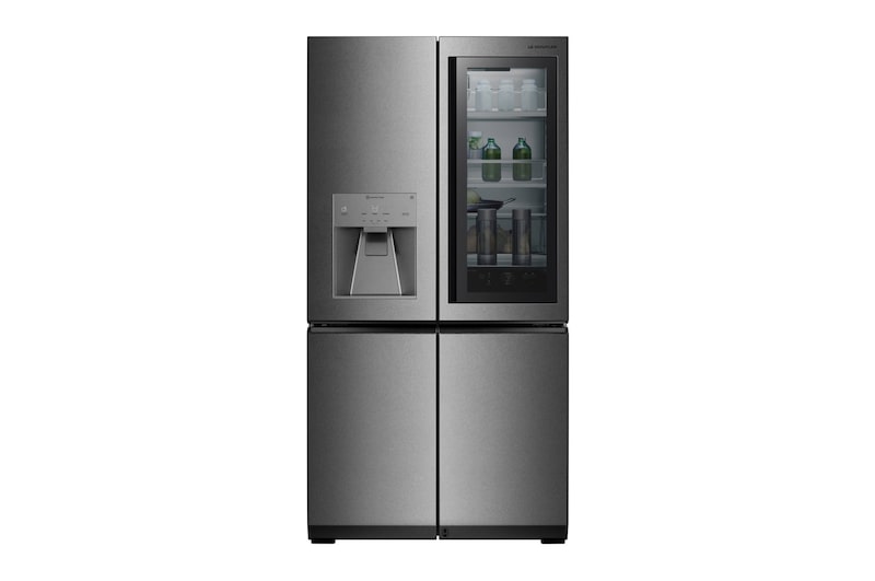 Visning forfra af LG SIGNATURE - 643L InstaView Door™ in Door French Door (Noble Steel) Energy Class F, Vand-/isdispenser med vandtilkobling og Smart Diagnosis™ med Wi-Fi LSR100