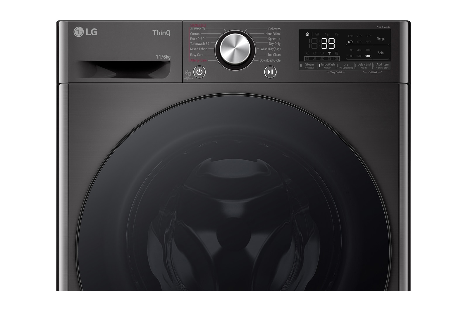 LG 11 kg / 6 kg Kombineret vaskemaskine/tørretumbler(Sort) - Steam, Energiklasse A/D, TurboWash™360, AI DD™, Smart Diagnosis™ med Wi-Fi, P4Y7ERPYZ