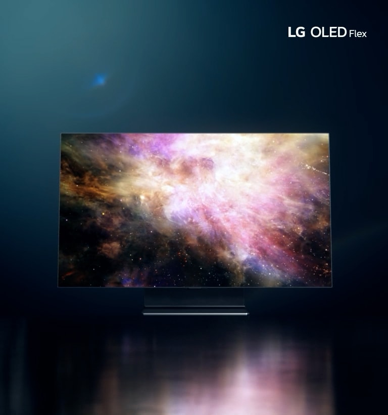 Et lysglimt vises på en sort baggrund og bliver til en lige linje, der viser LG OLED Flex set fra oven i sin flade position. Linjen buer derefter, og kameraet panorerer ned for at afsløre LG OLED Flex.