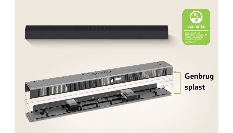 Der er et frontbillede af en soundbar bagved og et metalrammebillede af en soundbar foran.