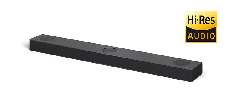 Fuldt billede af LG Soundbar med LG-logoet i nederste højre hjørne af et produkt.  Hi-Res AUDIO-logoet vises til højre på billedet.