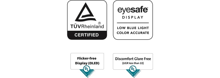 Logo for TÜV Rheinland Eyesafe-skærm, logo for flimmerfri skærm, logo for ingen ubehagelig blænding