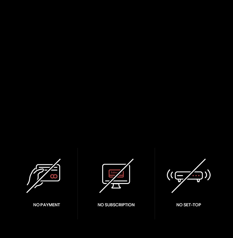 Et ikon, der forestiller en hånd, som holder et kreditkort, med en streg over og teksten “Ingen betaling” nedenunder. Et TV viser et ikon for et abonnement med en streg over og teksten “Intet abonnement” nedenunder. Et ikon for en set-top-box med en streg over og teksten “Ingen set-top” nedenunder.