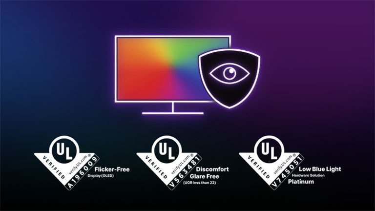 Synskomfort med logoer for LG OLED's UL-certificering – UL VERIFIED Flicker-Free Display (OLED), UL VERIFIED Discomfort Glare Free, UL VERIFIED Low Blue Light Hardware Solution Platinum.