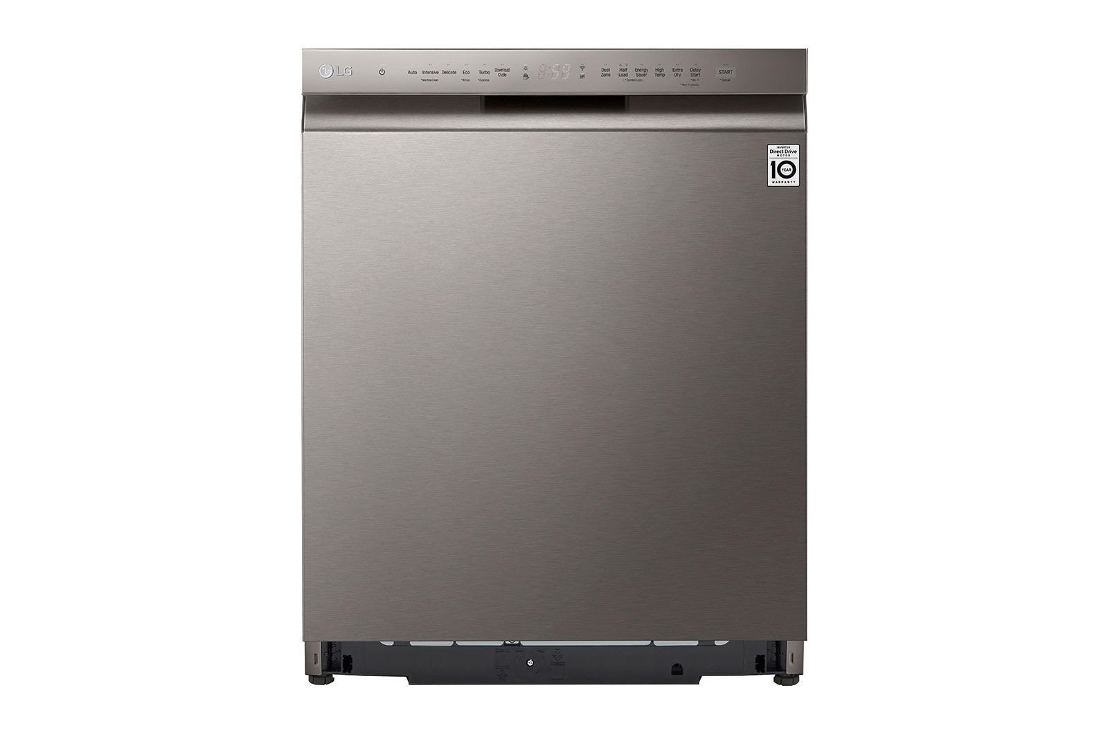 Visning forfra af LG QuadWash™ Oppvaskemaskine (Platinum Silver), Energiklasse C, Auto Open Dry-funktion og Smart Diagnosis™ med Wi-Fi DU355FP
