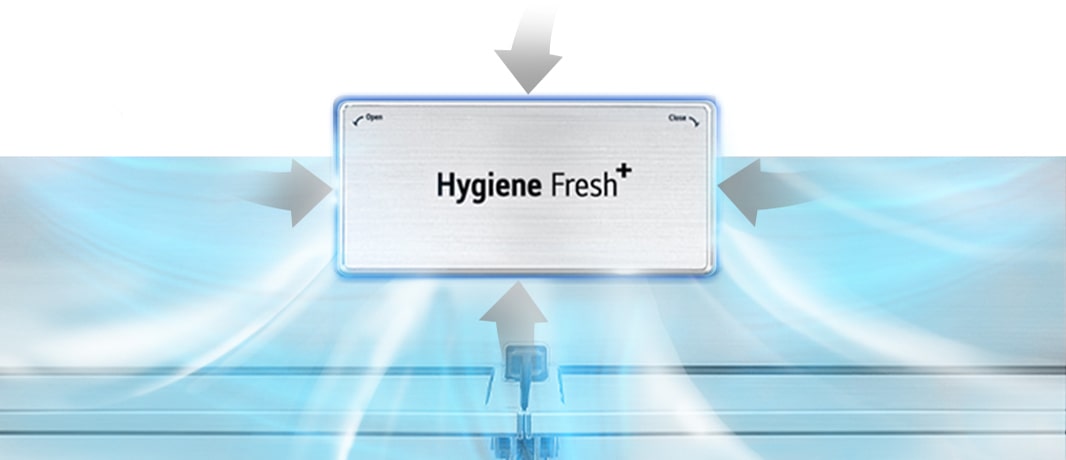 Pure N Fresh™ er fremhævet, og en grå pil, der repræsenterer stank, suges ind i Hygiene Fresh+, og ren, kold luft spredes ud.