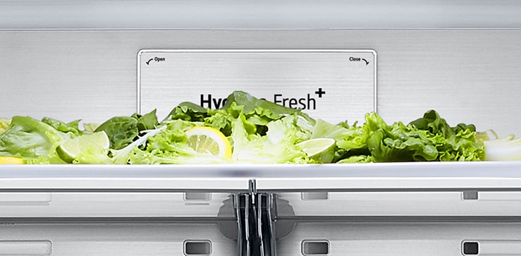 Nærbillede af Metal Fresh™-mærkat indeni køleskabet.