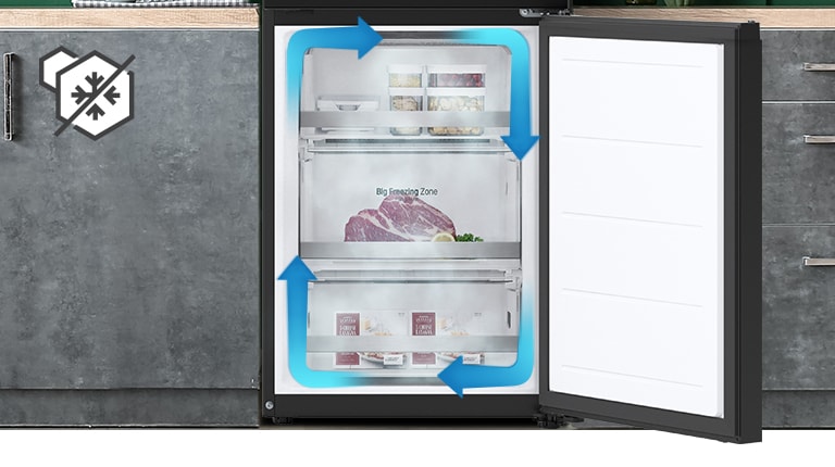 Kold luft strømmer i alle retninger for at omgive din mad med kølig luft og at holde den så frisk som muligt.